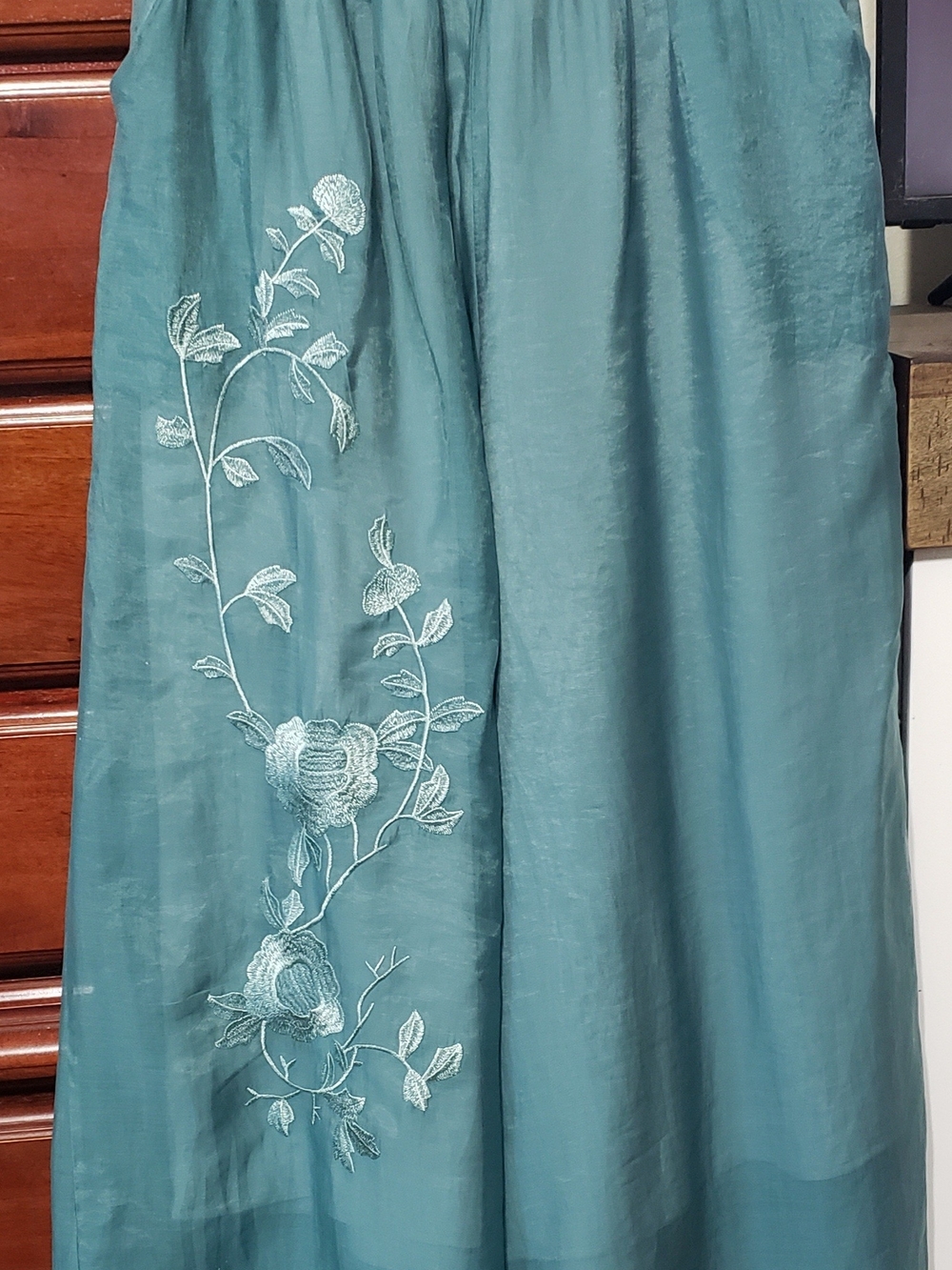 Teal Floral Embroidered Wide Pants
